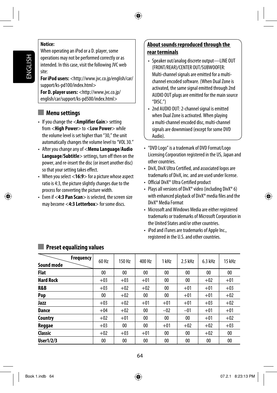 English, Preset equalizing values, Menu settings | JVC KD-AVX33 User Manual | Page 222 / 382