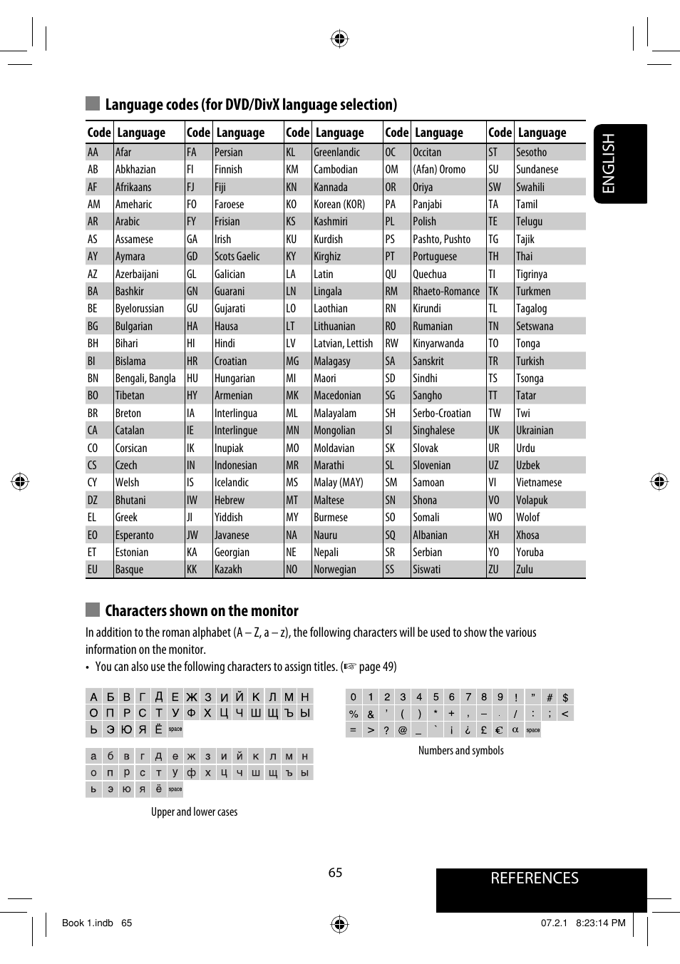 References english characters shown on the monitor, Language codes (for dvd/divx language selection) | JVC KD-AVX33 User Manual | Page 223 / 382