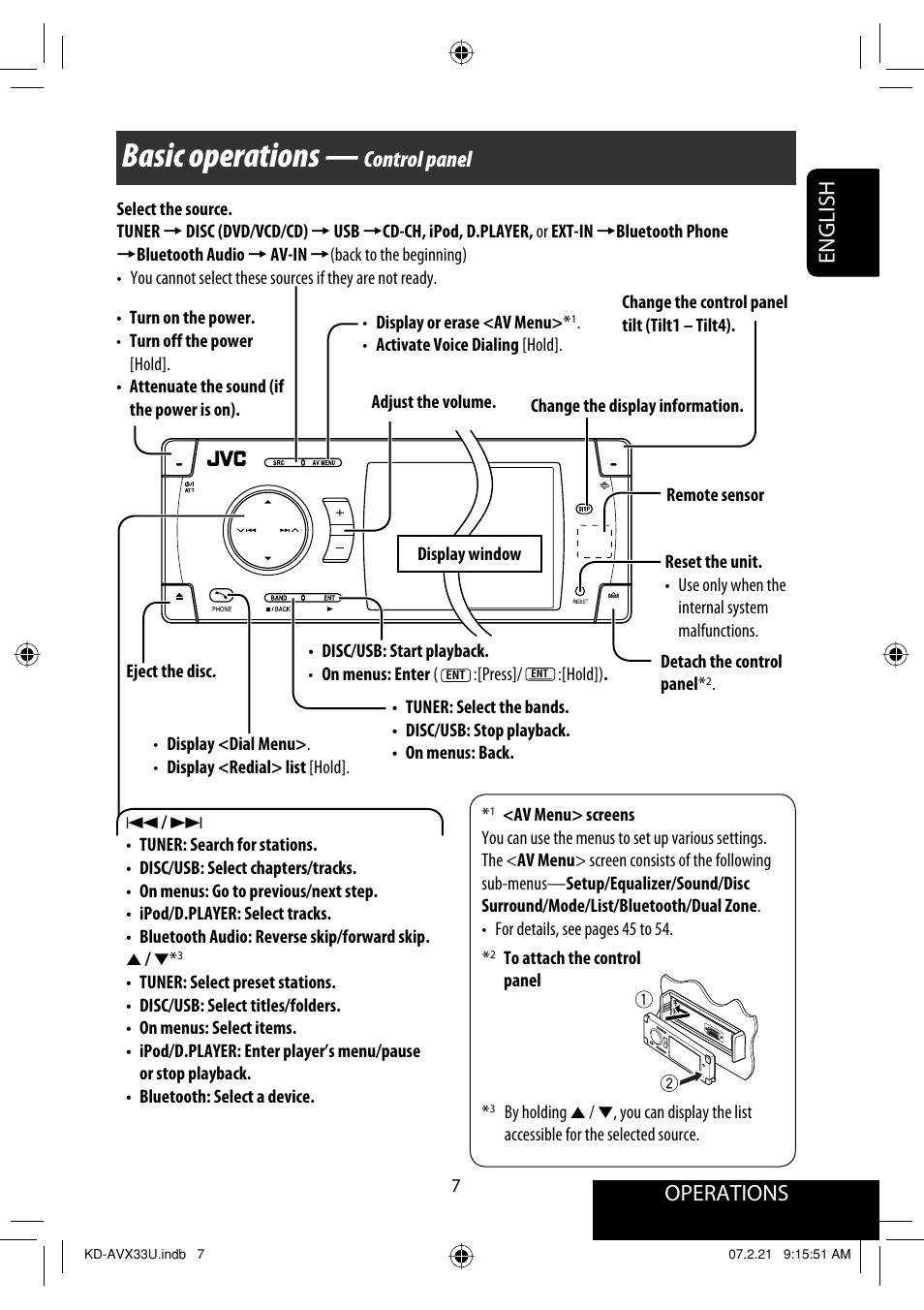 Basic operations — control panel, Basic operations, Operations | English, Control panel | JVC KD-AVX33 User Manual | Page 243 / 382