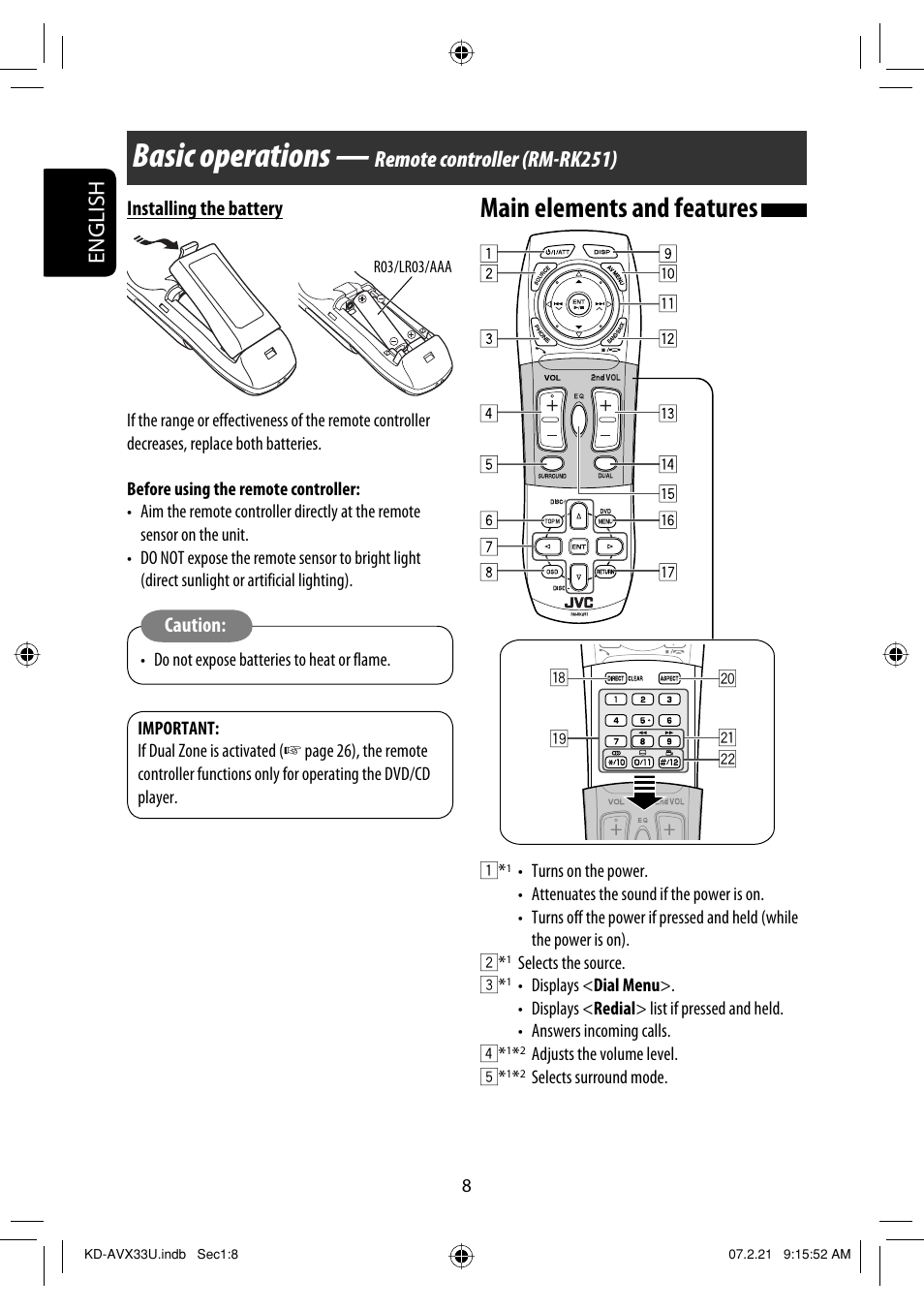 Basic operations — remote controller, Basic operations, Main elements and features | English, Remote controller (rm-rk251) | JVC KD-AVX33 User Manual | Page 244 / 382