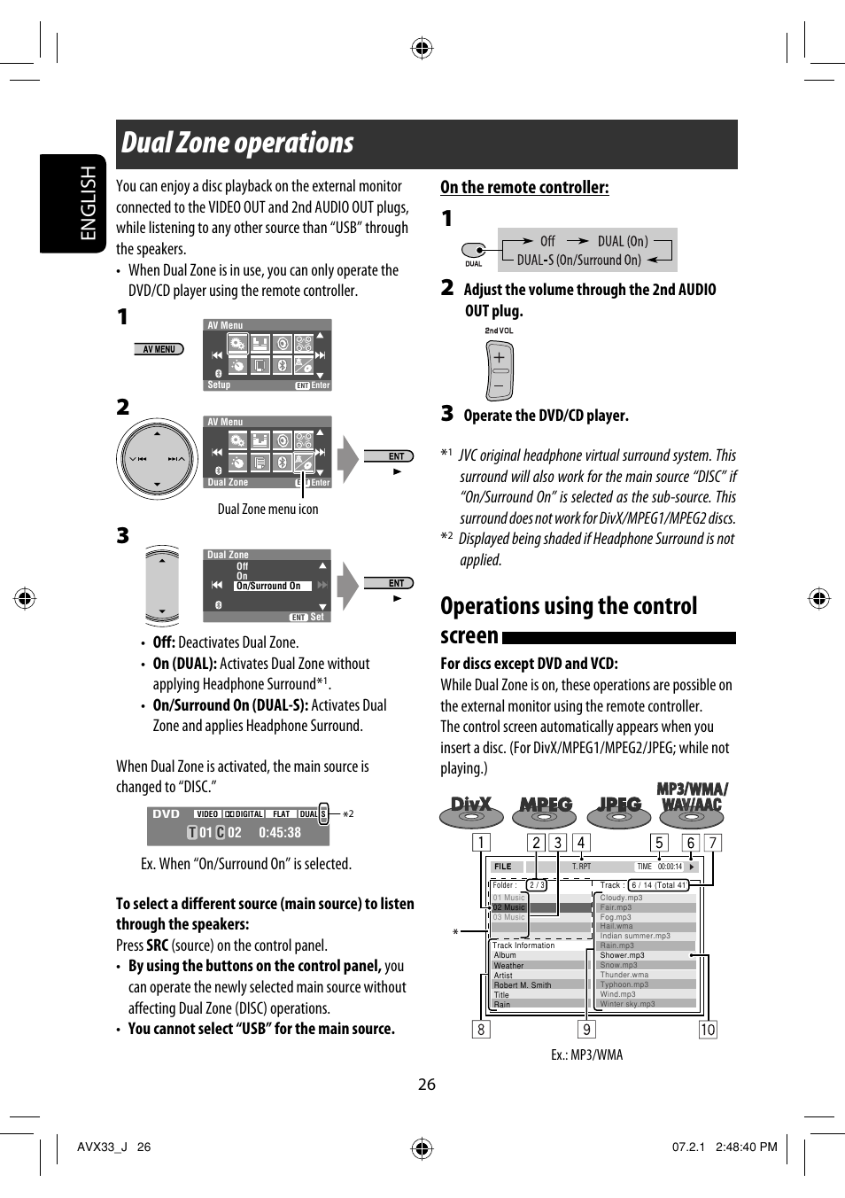 Dual zone operations, Operations using the control screen, English | On the remote controller, Adjust the volume through the 2nd audio out plug, Operate the dvd/cd player | JVC KD-AVX33 User Manual | Page 26 / 382