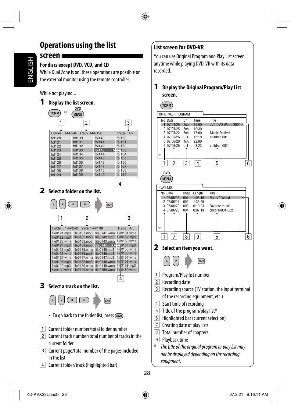 Operations using the list screen, English, List screen for dvd-vr | Display the list screen, Select a folder on the list, Display the original program/play list screen | JVC KD-AVX33 User Manual | Page 264 / 382