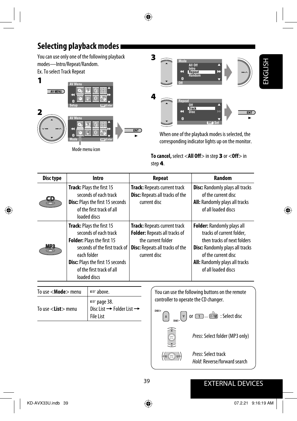 Selecting playback modes, External devices english | JVC KD-AVX33 User Manual | Page 275 / 382