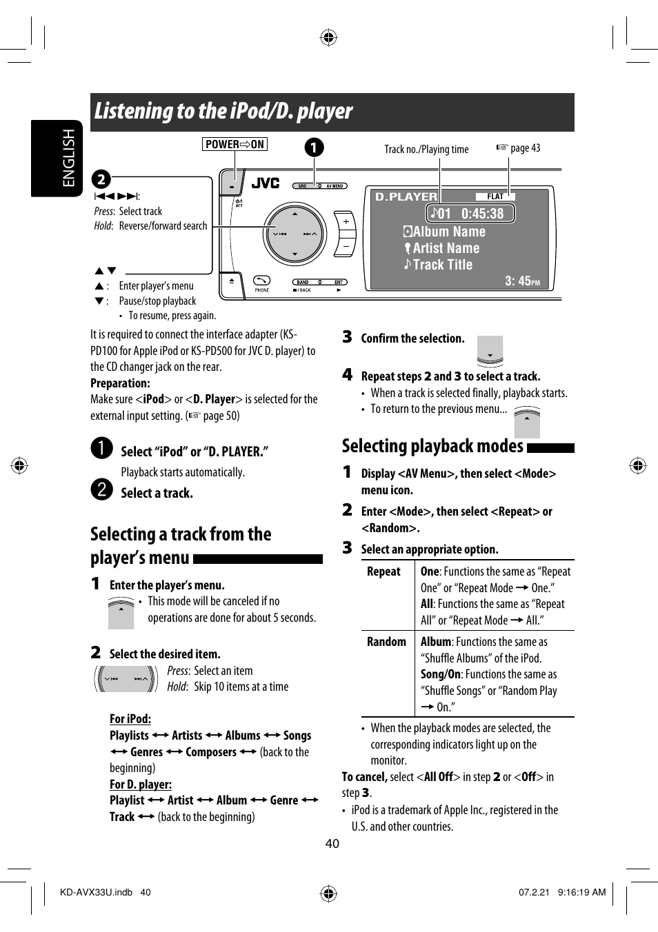 Listening to the ipod/d. player, Selecting a track from the player’s menu, Selecting playback modes | JVC KD-AVX33 User Manual | Page 276 / 382