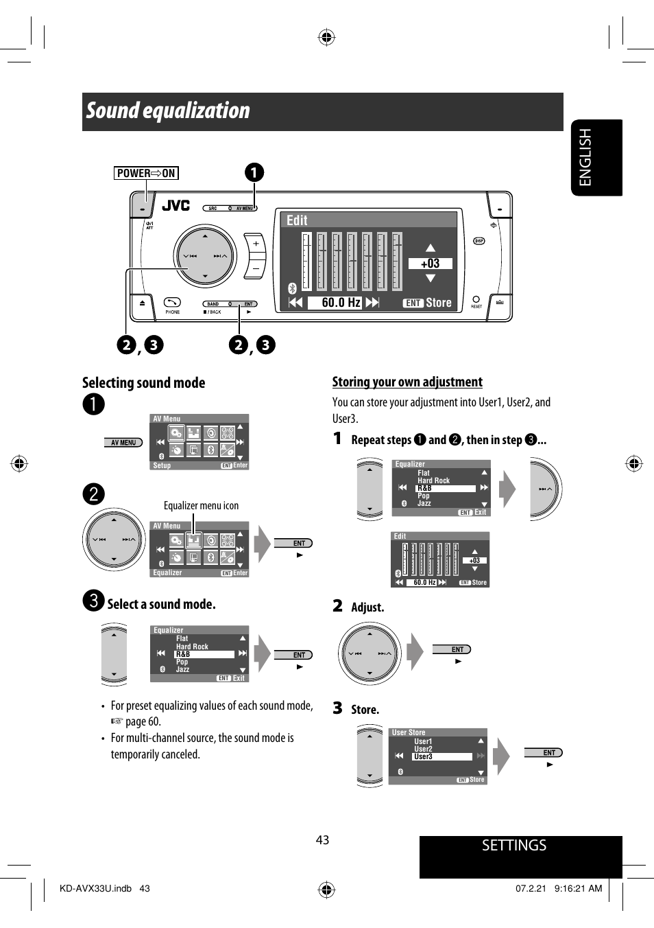 Sound equalization, Settings, English selecting sound mode | Select a sound mode, Storing your own adjustment | JVC KD-AVX33 User Manual | Page 279 / 382