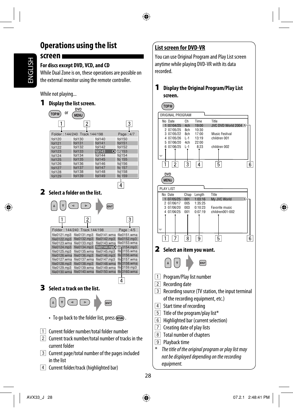 Operations using the list screen, English, List screen for dvd-vr | Display the list screen, Select a folder on the list, Display the original program/play list screen | JVC KD-AVX33 User Manual | Page 28 / 382