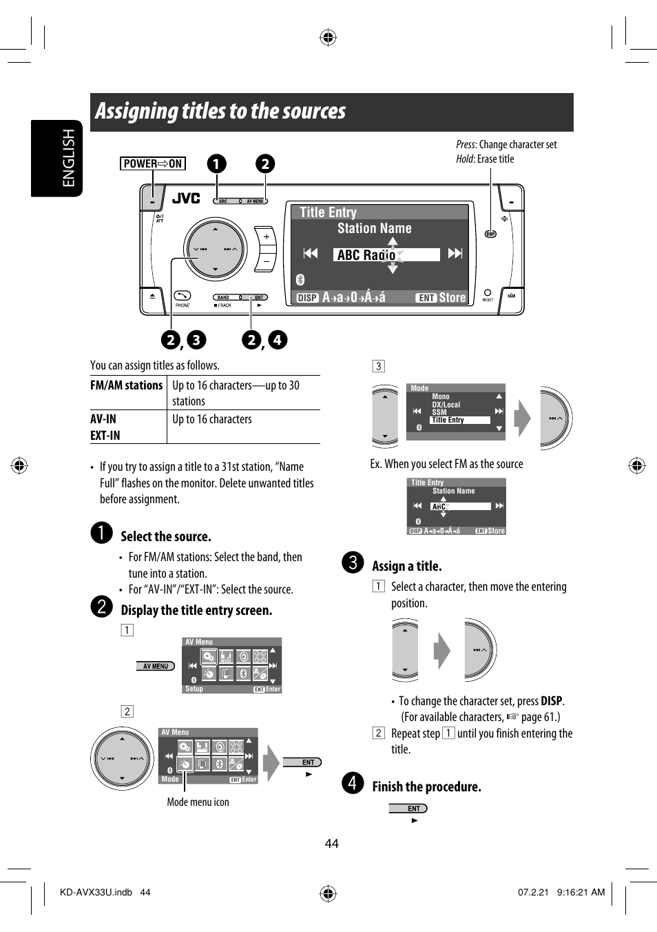 Assigning titles to the sources, English, Select the source | Display the title entry screen, Assign a title, Finish the procedure | JVC KD-AVX33 User Manual | Page 280 / 382