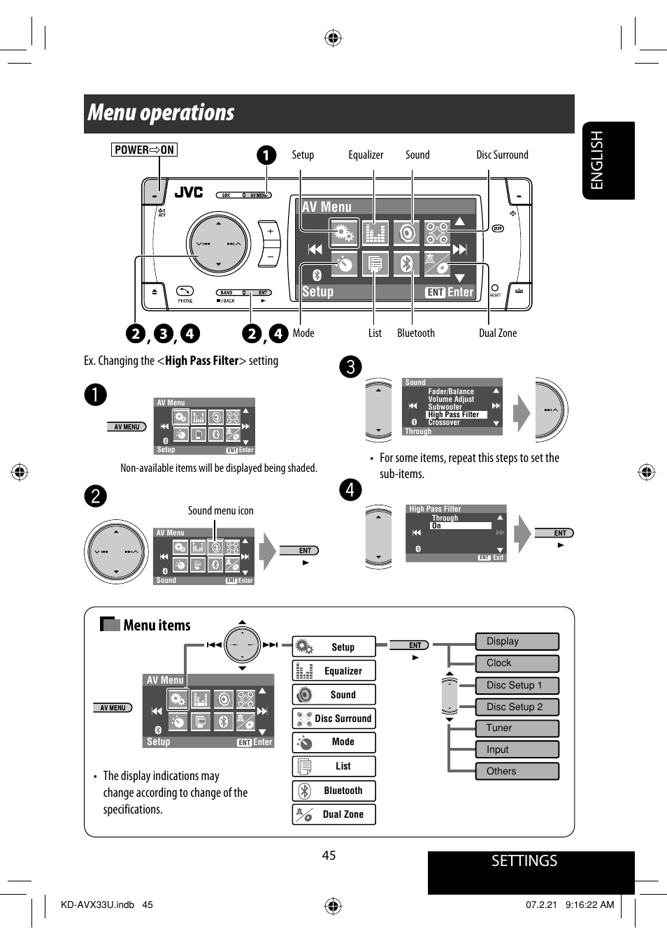 Menu operations, Settings, English | Menu items | JVC KD-AVX33 User Manual | Page 281 / 382