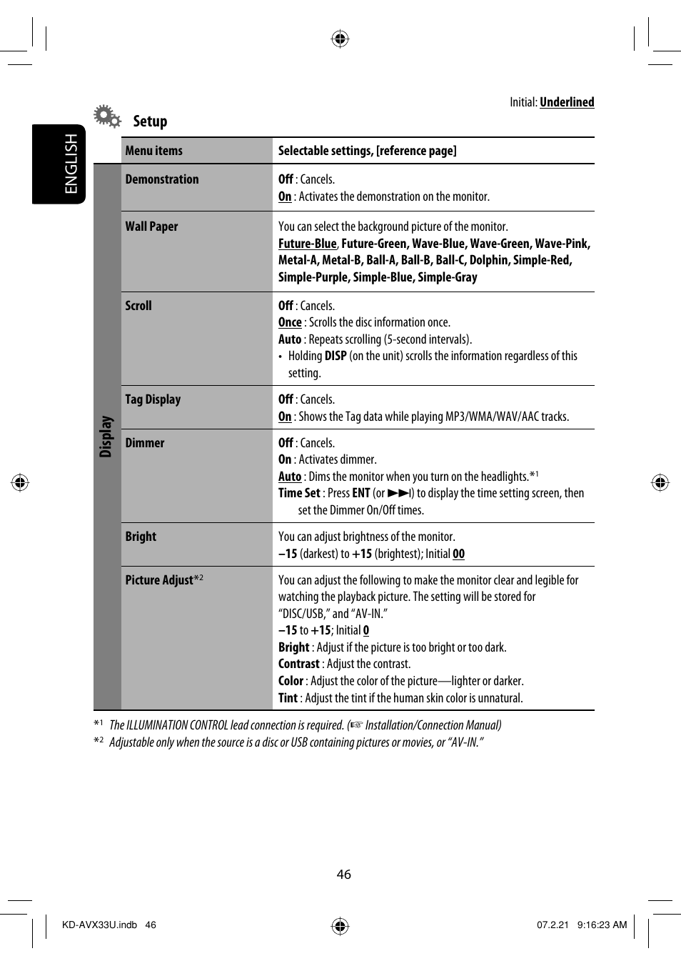 English, Setup, Display | JVC KD-AVX33 User Manual | Page 282 / 382