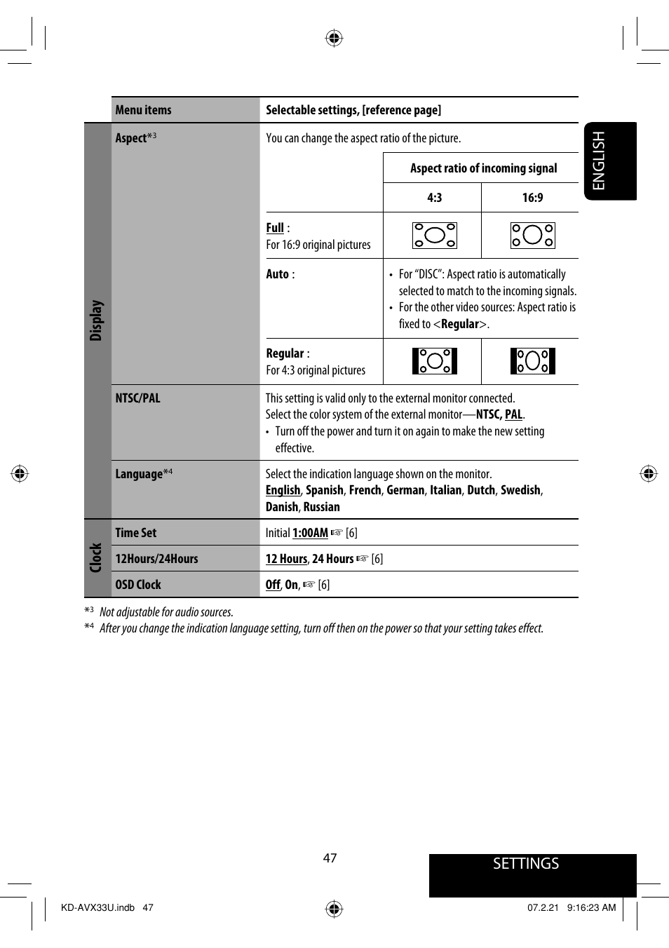 Settings, English, Display | Clock | JVC KD-AVX33 User Manual | Page 283 / 382