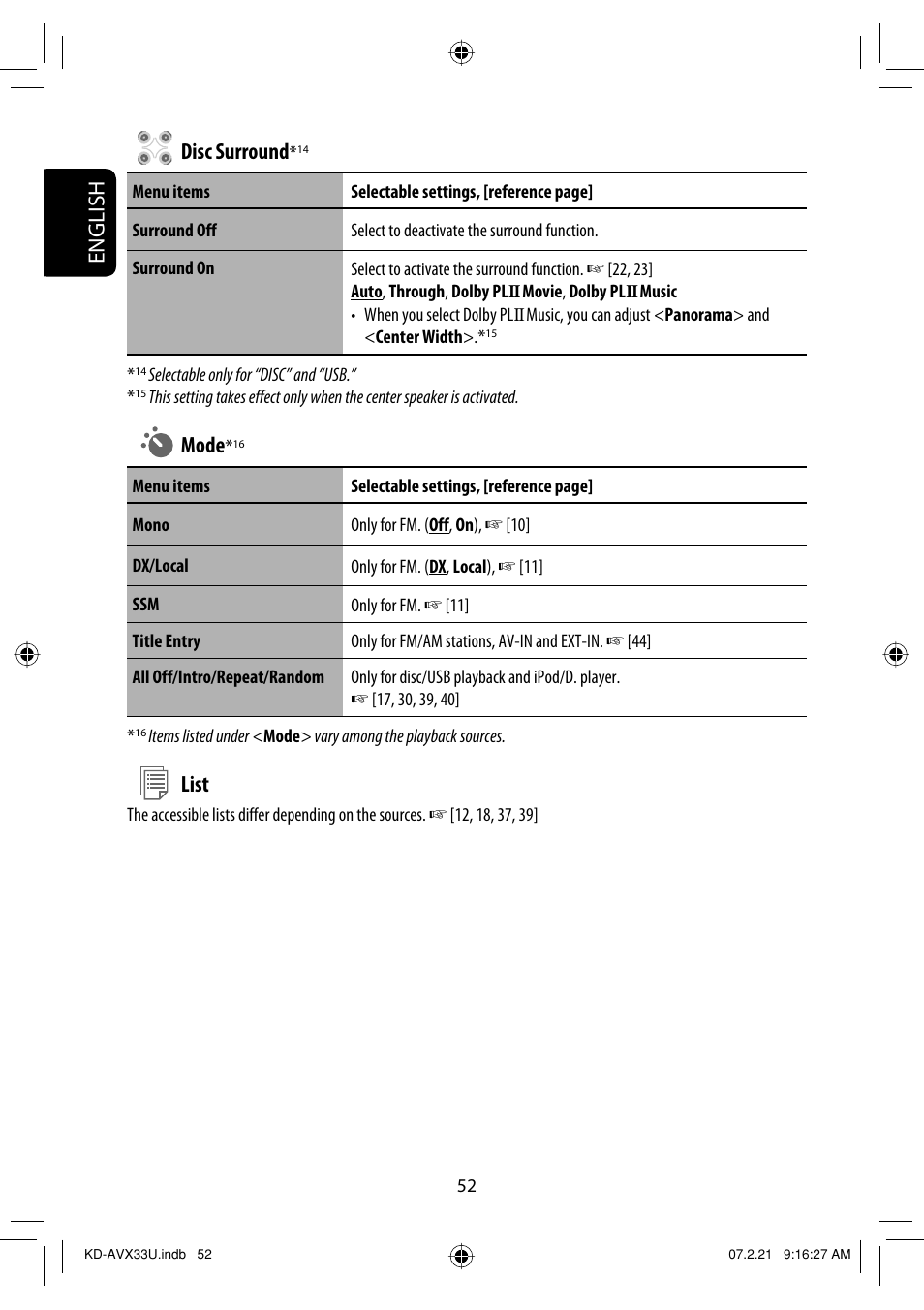 English disc surround, Mode, List | JVC KD-AVX33 User Manual | Page 288 / 382