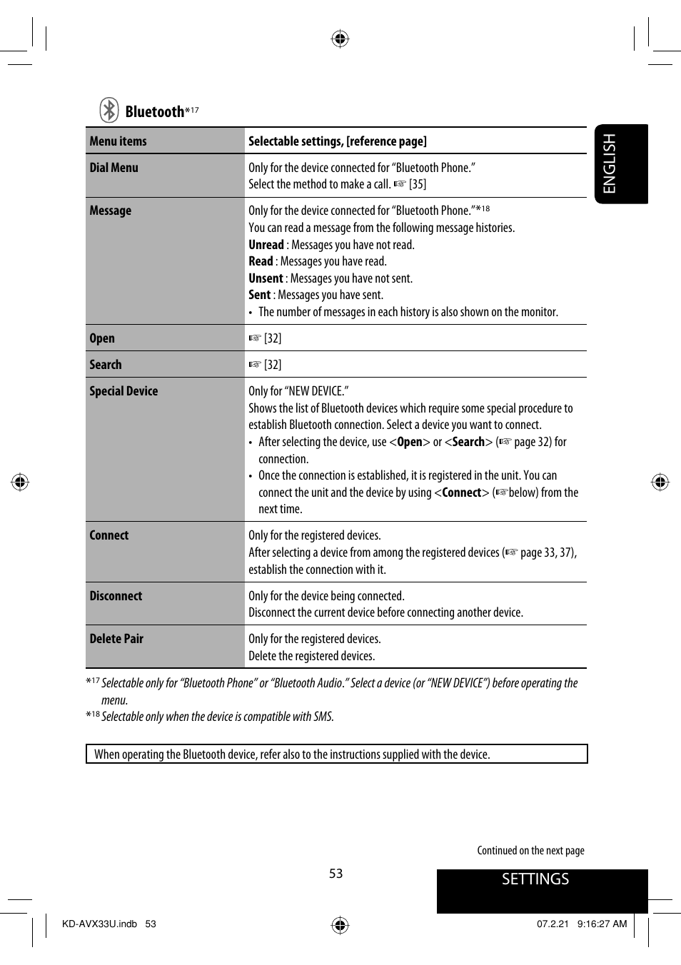 Settings, English bluetooth | JVC KD-AVX33 User Manual | Page 289 / 382