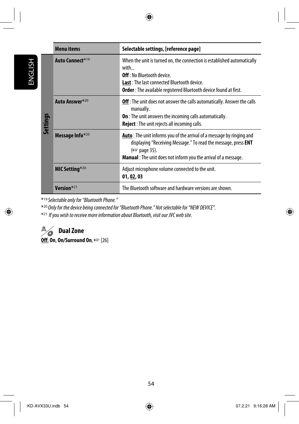 English, Settings, Dual zone | JVC KD-AVX33 User Manual | Page 290 / 382