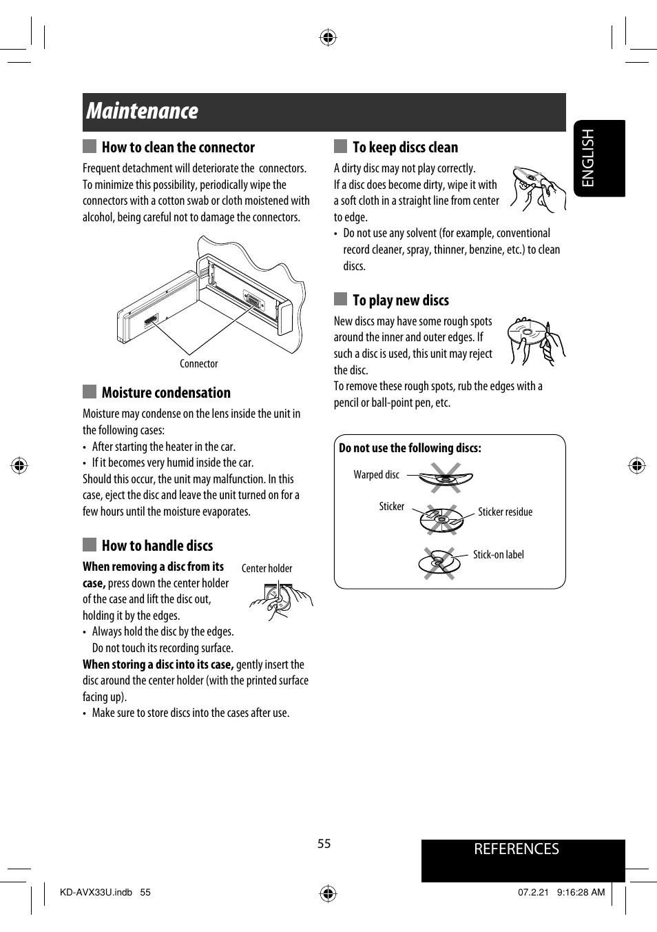 Maintenance, References english, How to clean the connector | Moisture condensation, How to handle discs | JVC KD-AVX33 User Manual | Page 291 / 382