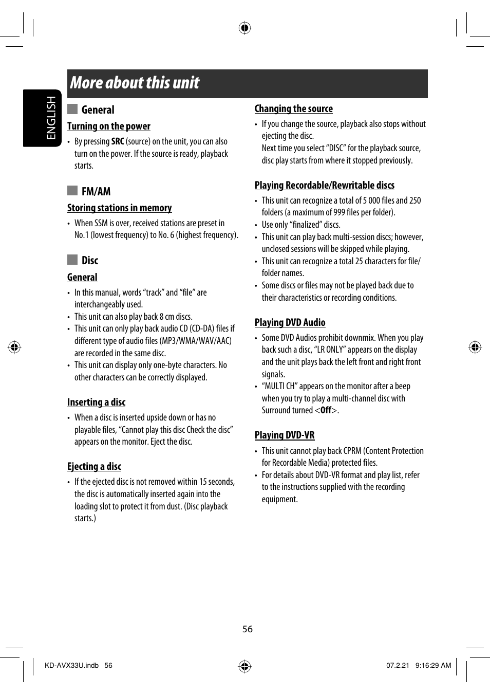 More about this unit, English, General | Fm/am, Disc | JVC KD-AVX33 User Manual | Page 292 / 382