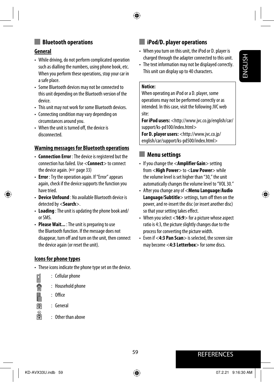 References english ipod/d. player operations, Menu settings, Bluetooth operations | JVC KD-AVX33 User Manual | Page 295 / 382