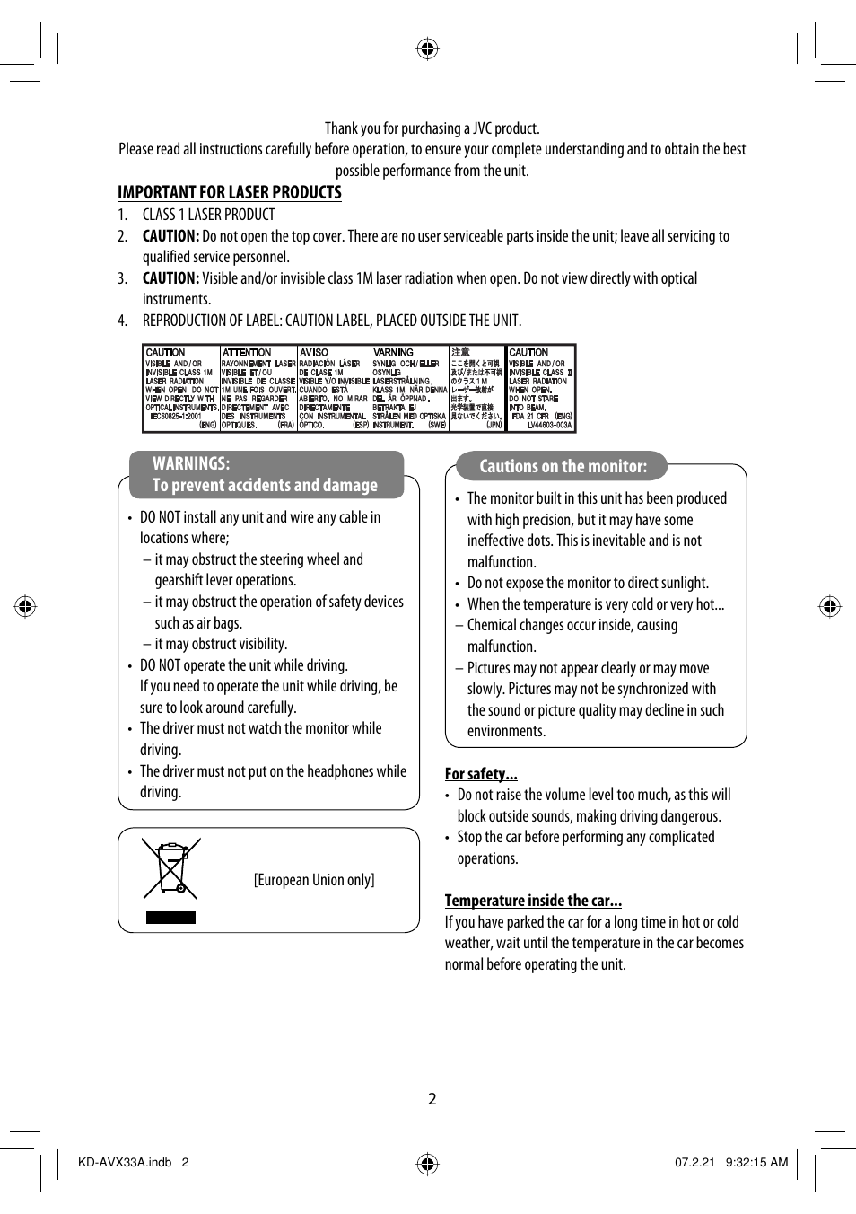 Important for laser products | JVC KD-AVX33 User Manual | Page 312 / 382