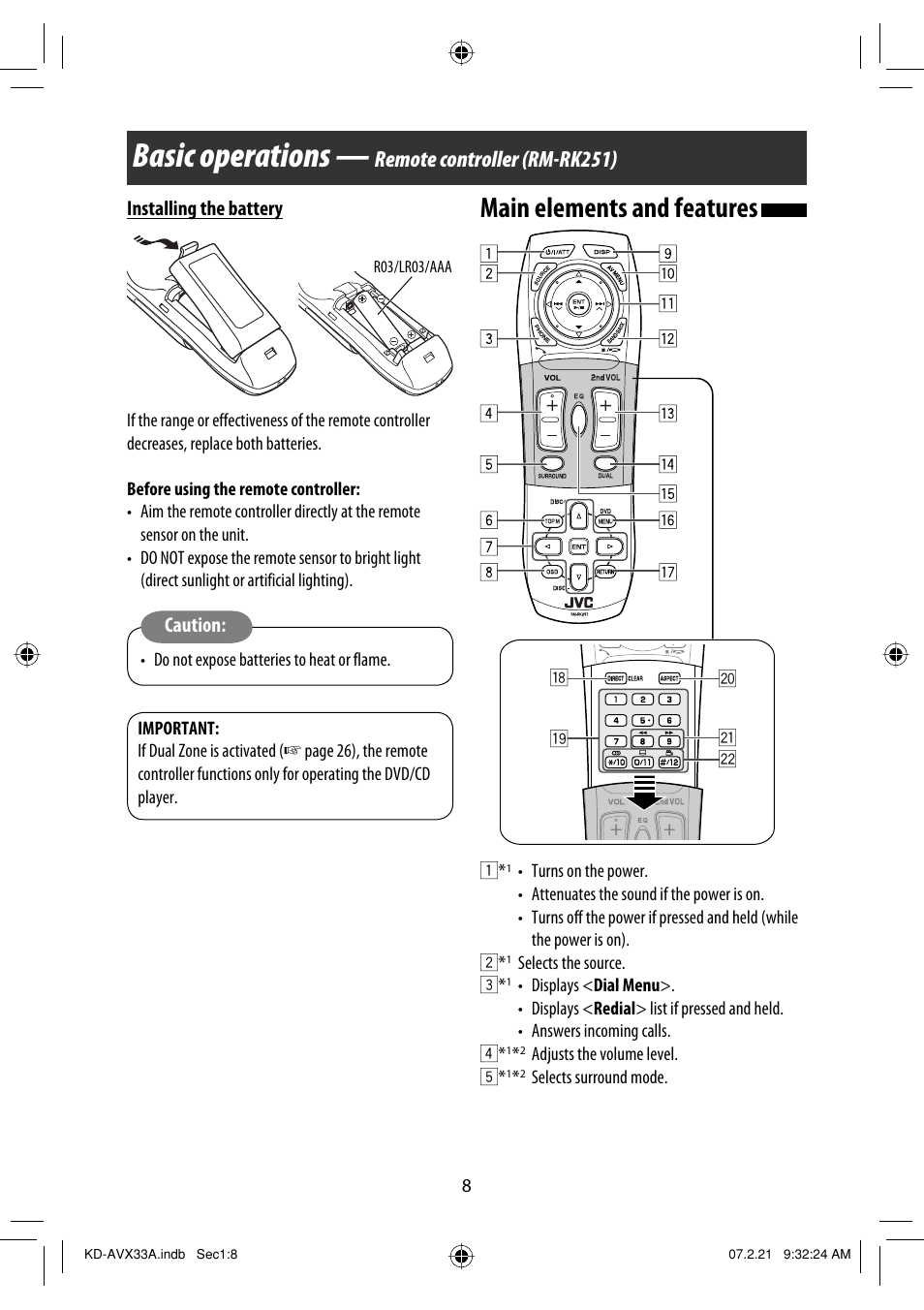 Basic operations — remote controller, Basic operations, Main elements and features | Remote controller (rm-rk251) | JVC KD-AVX33 User Manual | Page 318 / 382