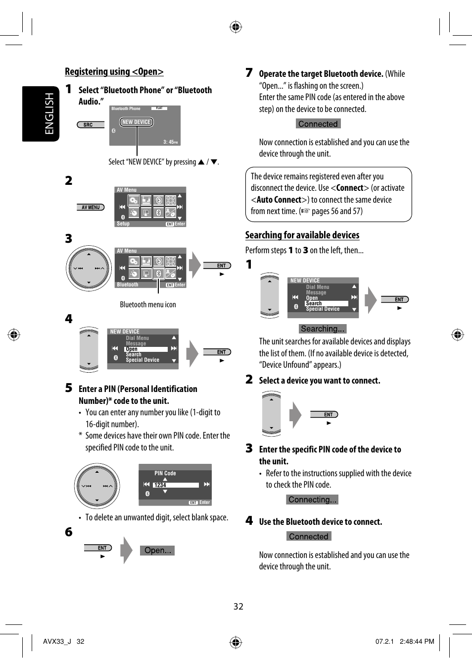 English, Searching for available devices, Registering using <open | JVC KD-AVX33 User Manual | Page 32 / 382