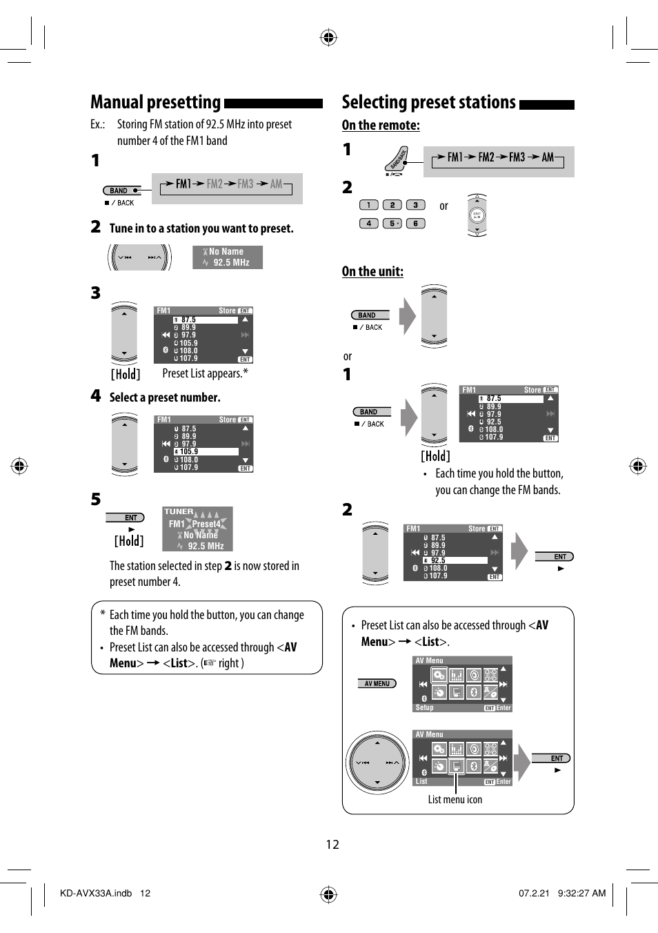 Selecting preset stations, Manual presetting, On the remote | On the unit, Tune in to a station you want to preset, Select a preset number, Preset list appears, List menu icon | JVC KD-AVX33 User Manual | Page 322 / 382