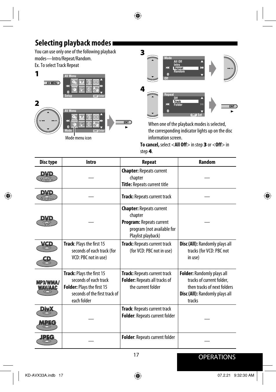 Selecting playback modes, Operations | JVC KD-AVX33 User Manual | Page 327 / 382