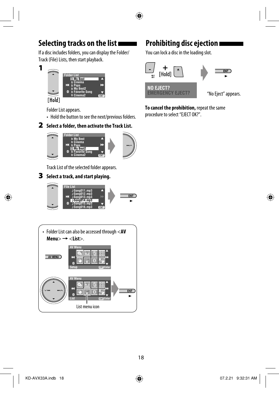 Selecting tracks on the list, Prohibiting disc ejection | JVC KD-AVX33 User Manual | Page 328 / 382