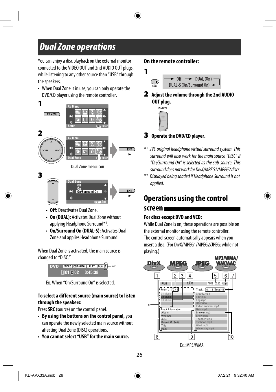 Dual zone operations, Operations using the control screen, On the remote controller | Adjust the volume through the 2nd audio out plug, Operate the dvd/cd player | JVC KD-AVX33 User Manual | Page 336 / 382