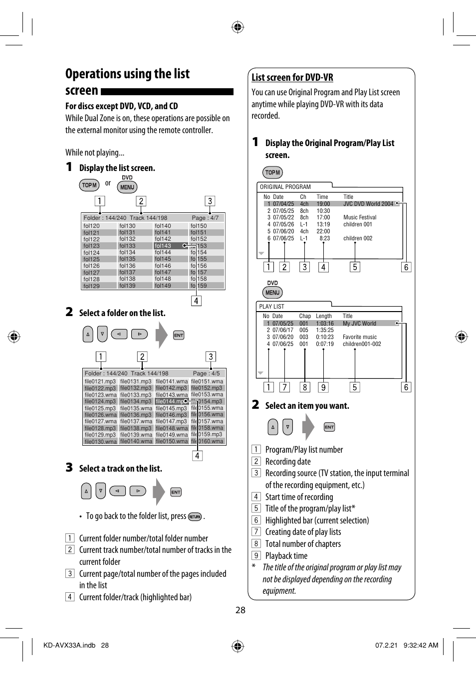 Operations using the list screen, List screen for dvd-vr, Display the list screen | Select a folder on the list, Display the original program/play list screen | JVC KD-AVX33 User Manual | Page 338 / 382