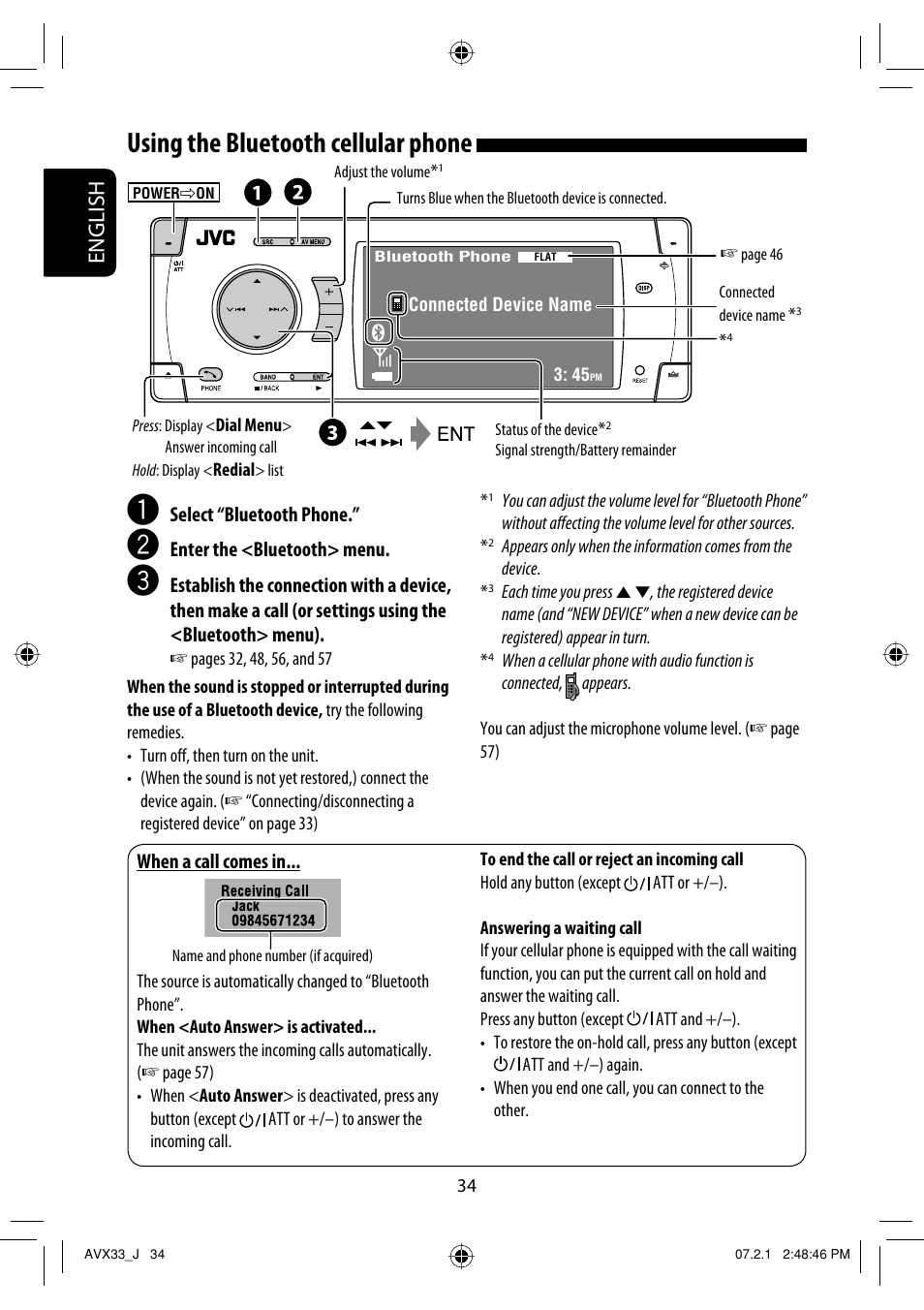 Using the bluetooth cellular phone, English | JVC KD-AVX33 User Manual | Page 34 / 382