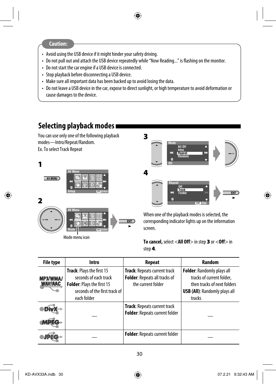 Selecting playback modes, Caution | JVC KD-AVX33 User Manual | Page 340 / 382