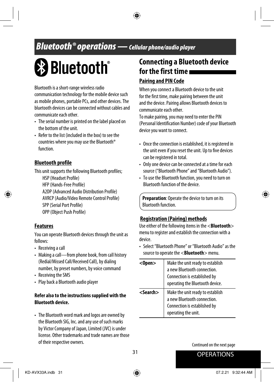 Bluetooth® operations, Connecting a bluetooth device for the first time, Operations | Cellular phone/audio player | JVC KD-AVX33 User Manual | Page 341 / 382