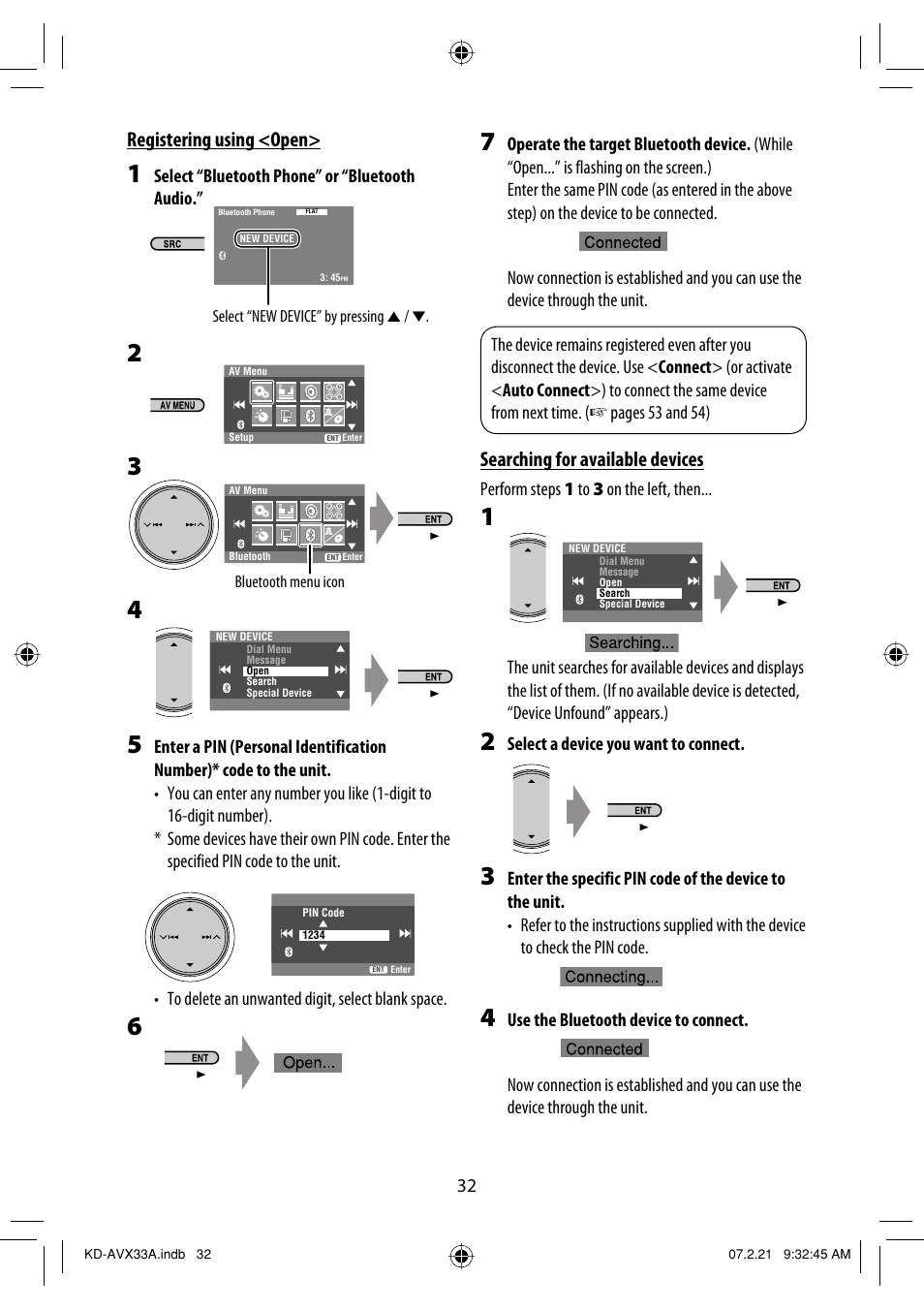 Searching for available devices, Registering using <open | JVC KD-AVX33 User Manual | Page 342 / 382