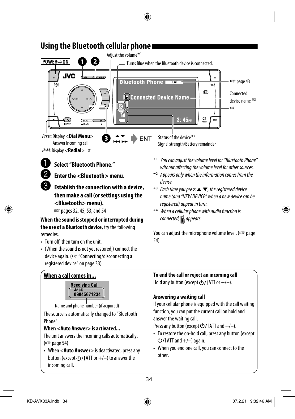 Using the bluetooth cellular phone | JVC KD-AVX33 User Manual | Page 344 / 382