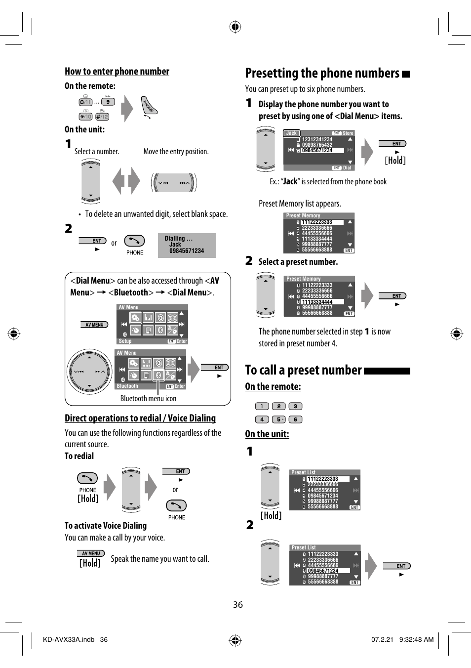 Presetting the phone numbers, How to enter phone number, Direct operations to redial / voice dialing | On the remote: on the unit, You can preset up to six phone numbers, Jack, Speak the name you want to call, Is selected from the phone book | JVC KD-AVX33 User Manual | Page 346 / 382