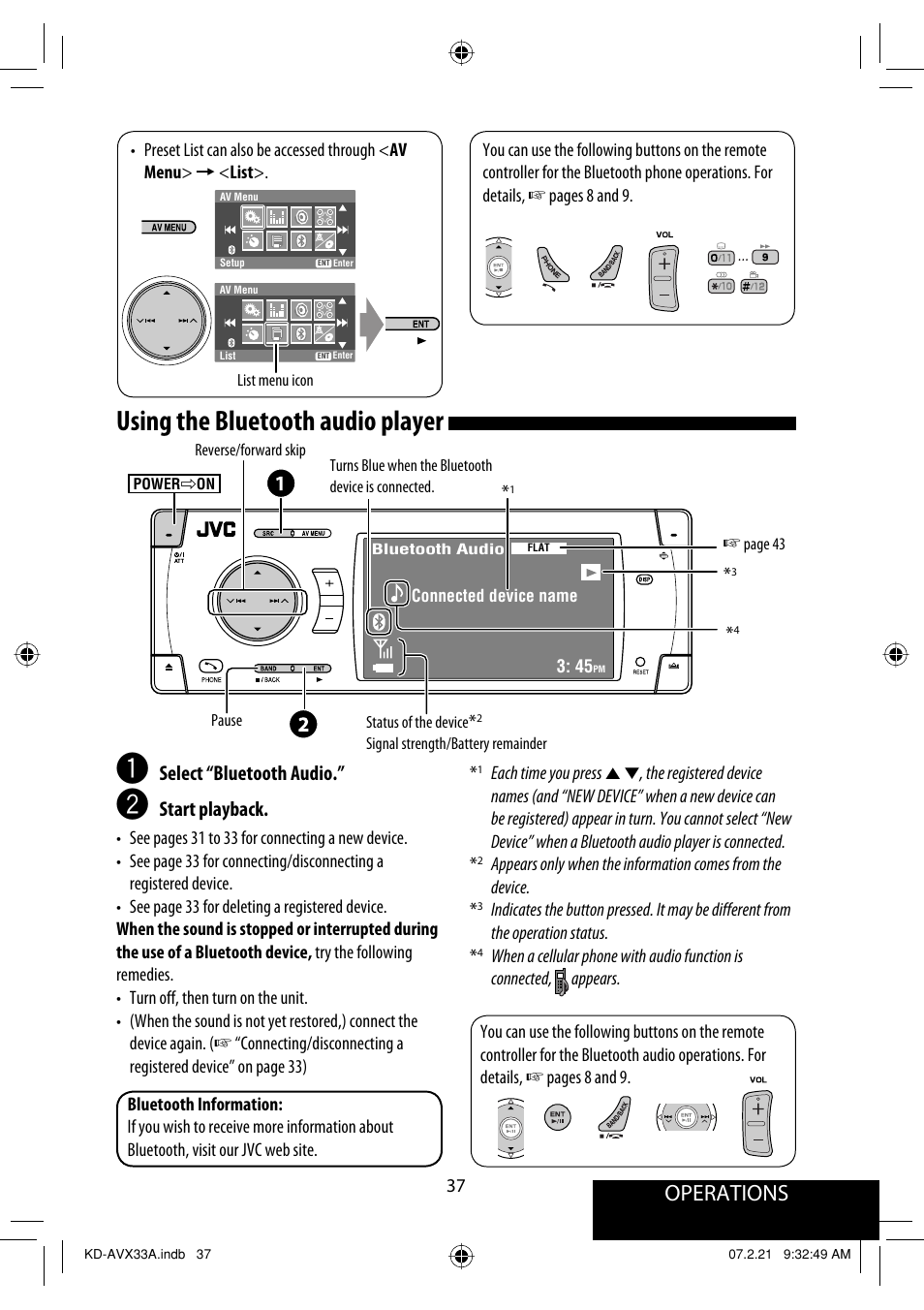 Using the bluetooth audio player, Operations, Select “bluetooth audio | Start playback | JVC KD-AVX33 User Manual | Page 347 / 382