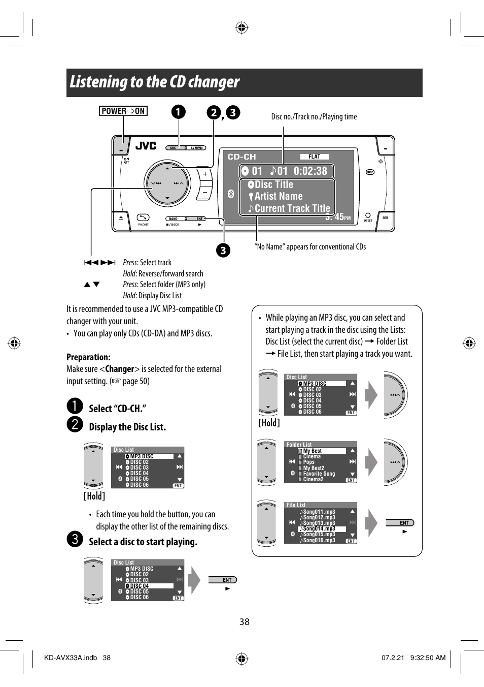 Listening to the cd changer, Select “cd-ch, Display the disc list | Select a disc to start playing, Disc title artist name current track title | JVC KD-AVX33 User Manual | Page 348 / 382