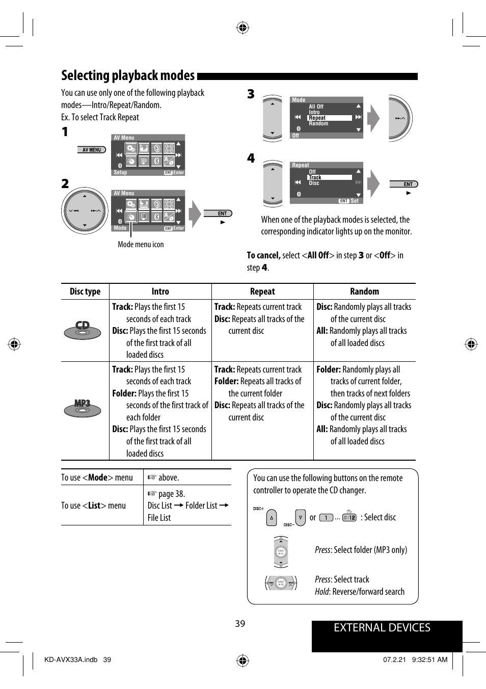 Selecting playback modes, External devices | JVC KD-AVX33 User Manual | Page 349 / 382