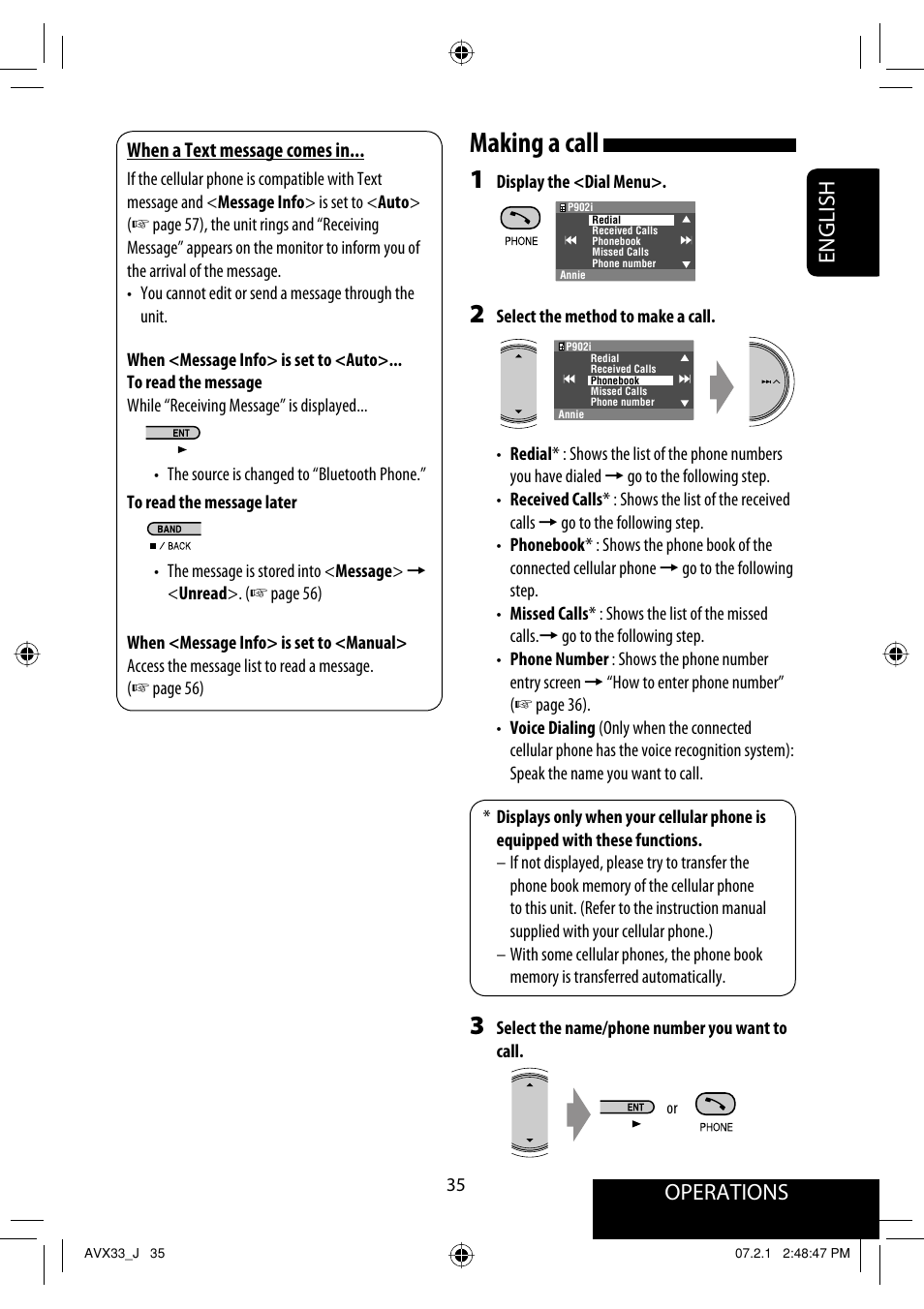 Making a call, Operations, English | JVC KD-AVX33 User Manual | Page 35 / 382