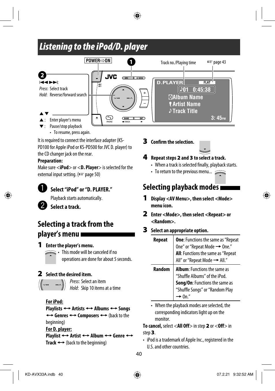 Listening to the ipod/d. player, Selecting a track from the player’s menu, Selecting playback modes | JVC KD-AVX33 User Manual | Page 350 / 382