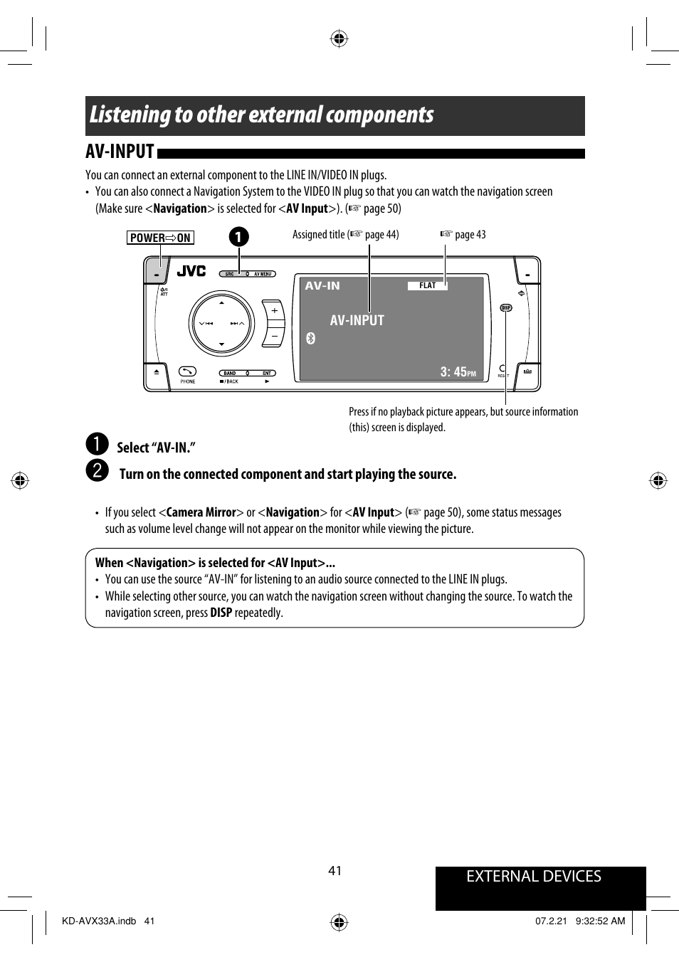 Listening to other external components, Av-input, External devices | JVC KD-AVX33 User Manual | Page 351 / 382