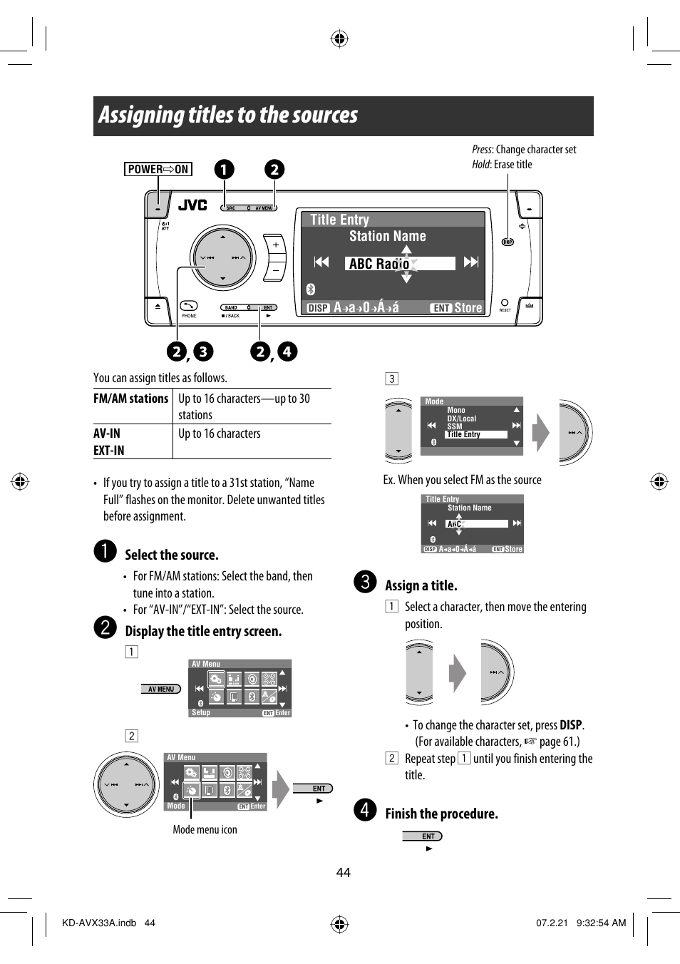 Assigning titles to the sources, Select the source, Display the title entry screen | Assign a title, Finish the procedure | JVC KD-AVX33 User Manual | Page 354 / 382