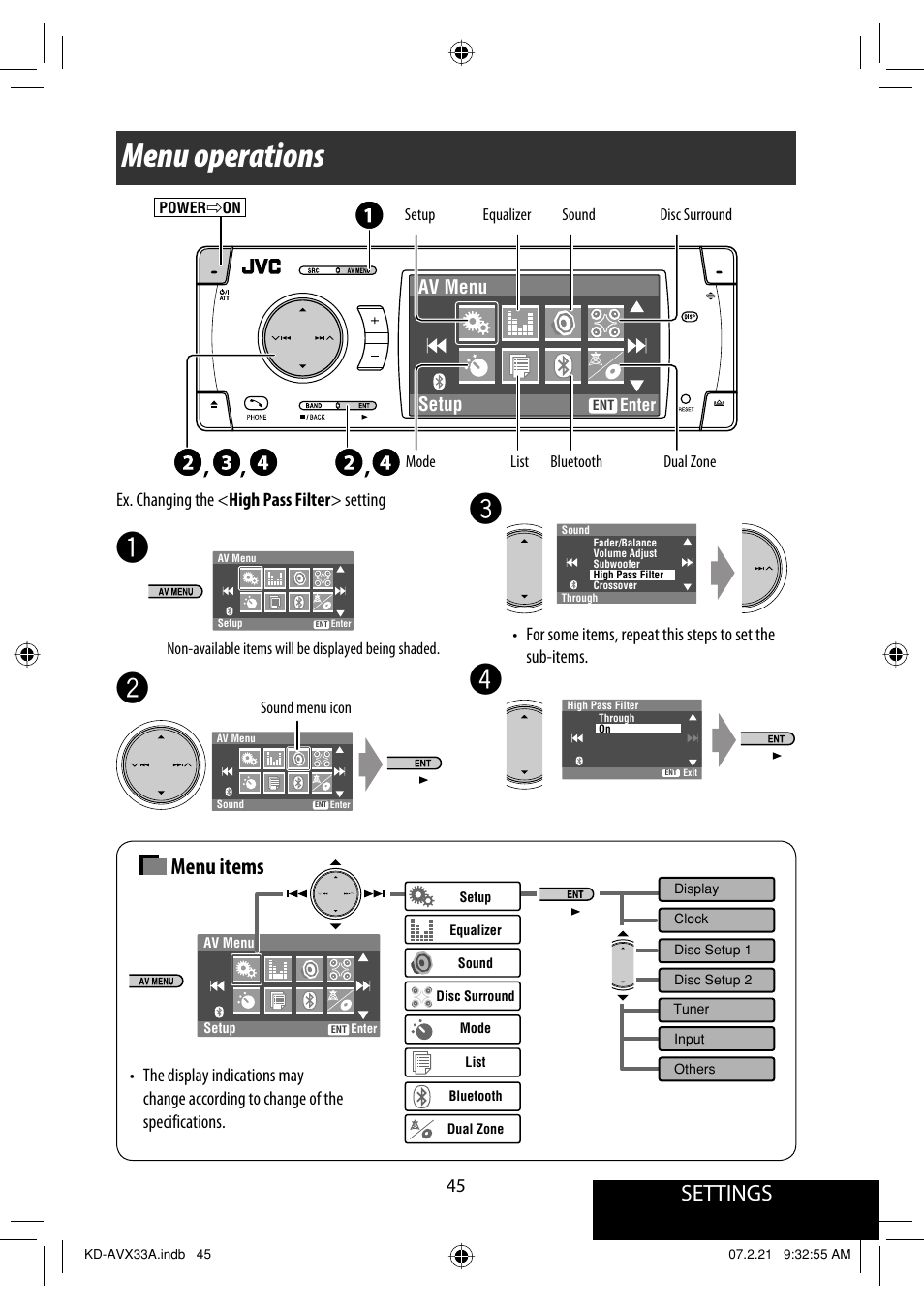 Menu operations, Settings, Menu items | JVC KD-AVX33 User Manual | Page 355 / 382