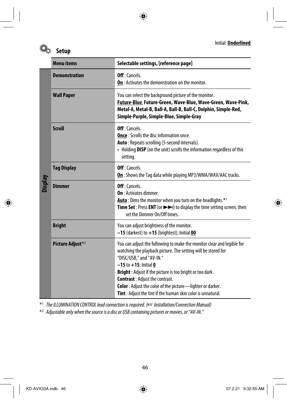 Setup, Display | JVC KD-AVX33 User Manual | Page 356 / 382