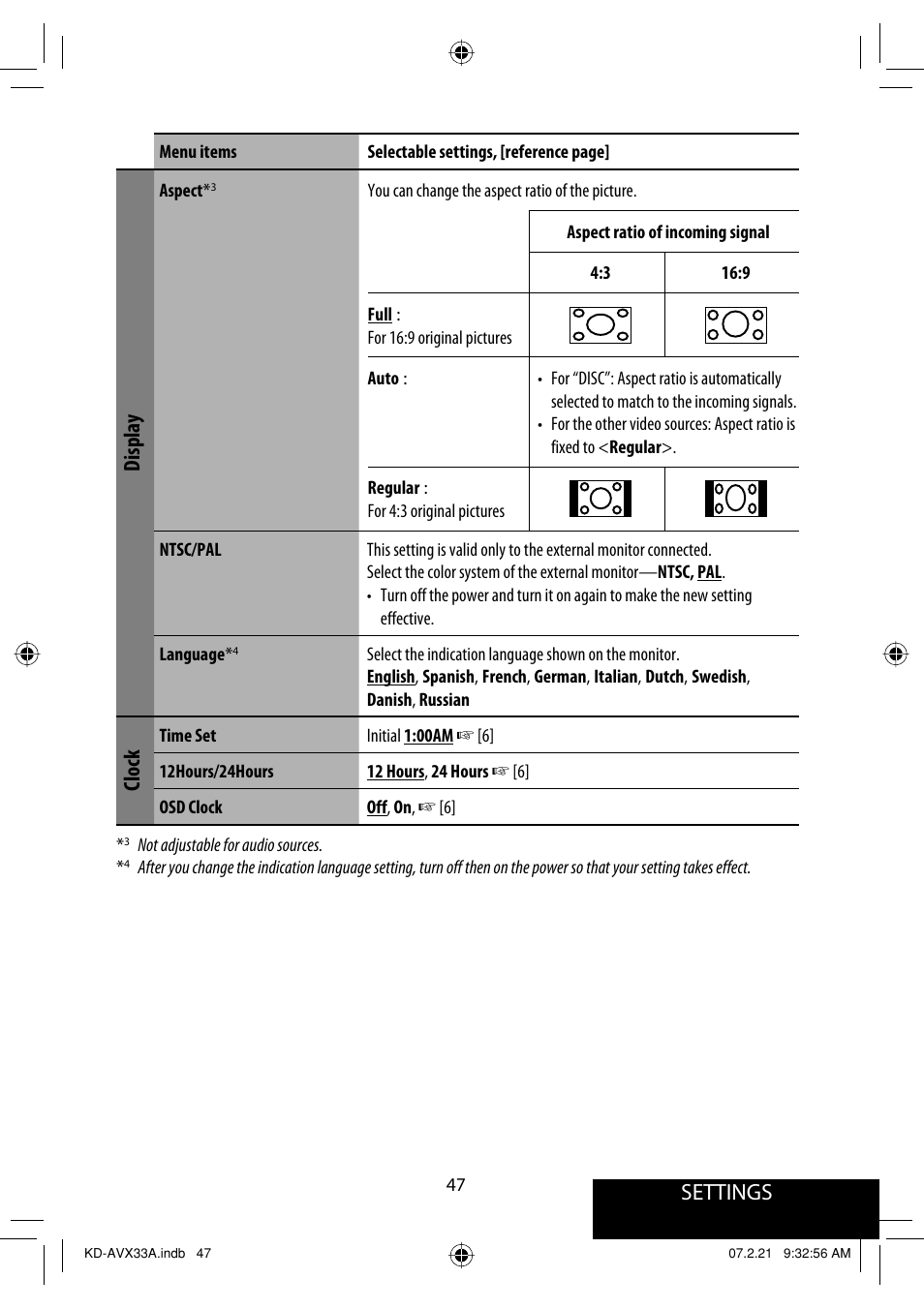 Settings, Display, Clock | JVC KD-AVX33 User Manual | Page 357 / 382