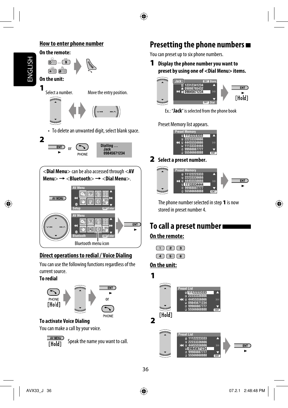 Presetting the phone numbers, English, How to enter phone number | Direct operations to redial / voice dialing, On the remote: on the unit, You can preset up to six phone numbers, Jack, Speak the name you want to call, Is selected from the phone book | JVC KD-AVX33 User Manual | Page 36 / 382