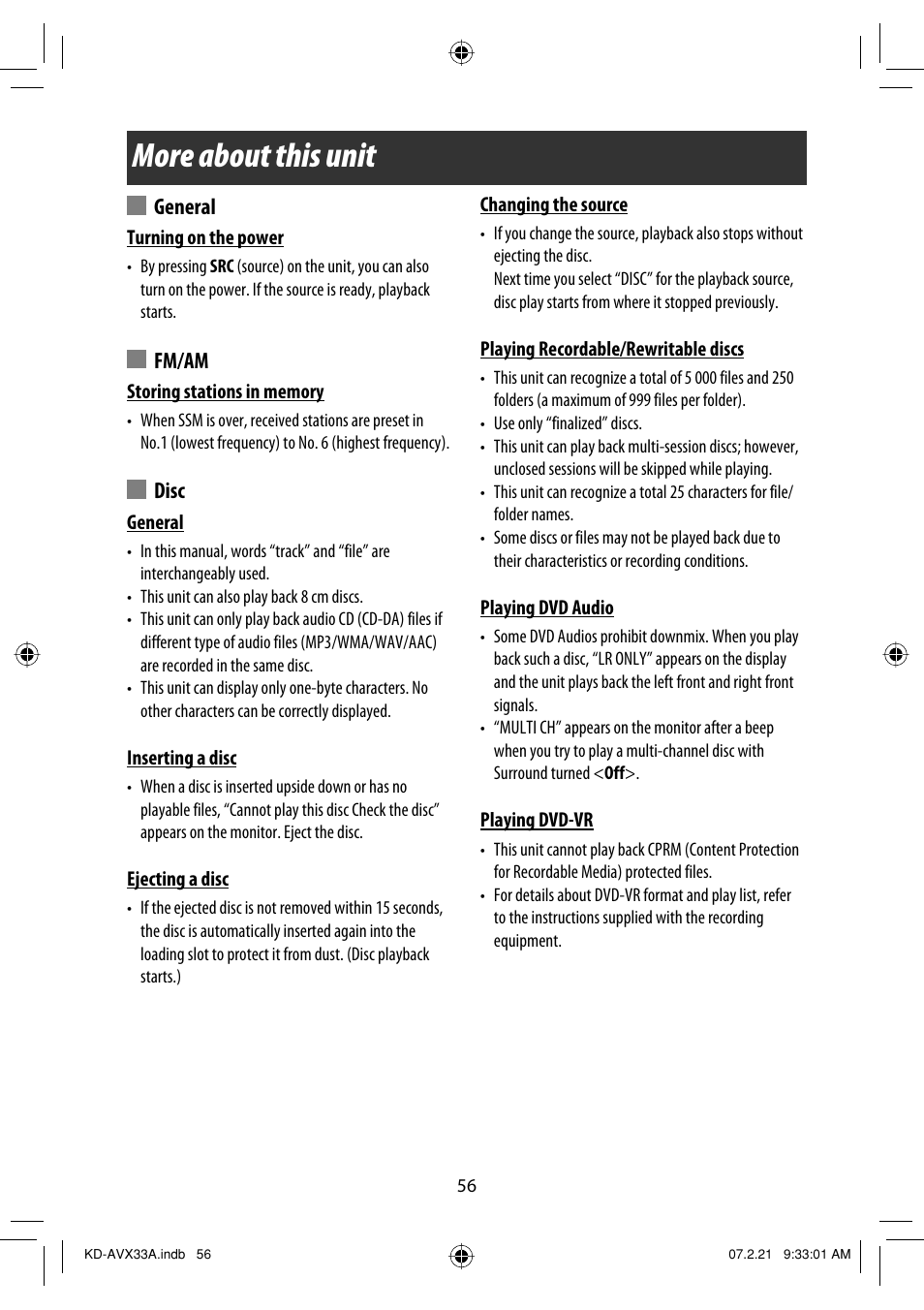 More about this unit, General, Fm/am | Disc | JVC KD-AVX33 User Manual | Page 366 / 382