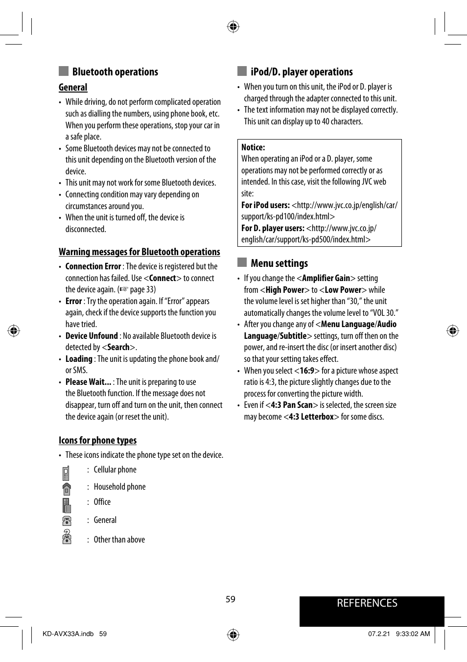 References ipod/d. player operations, Menu settings, Bluetooth operations | JVC KD-AVX33 User Manual | Page 369 / 382