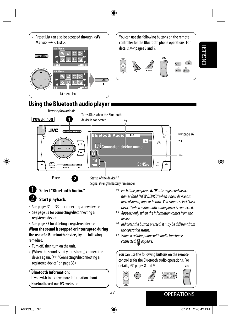 Using the bluetooth audio player, Operations, English | Select “bluetooth audio, Start playback | JVC KD-AVX33 User Manual | Page 37 / 382