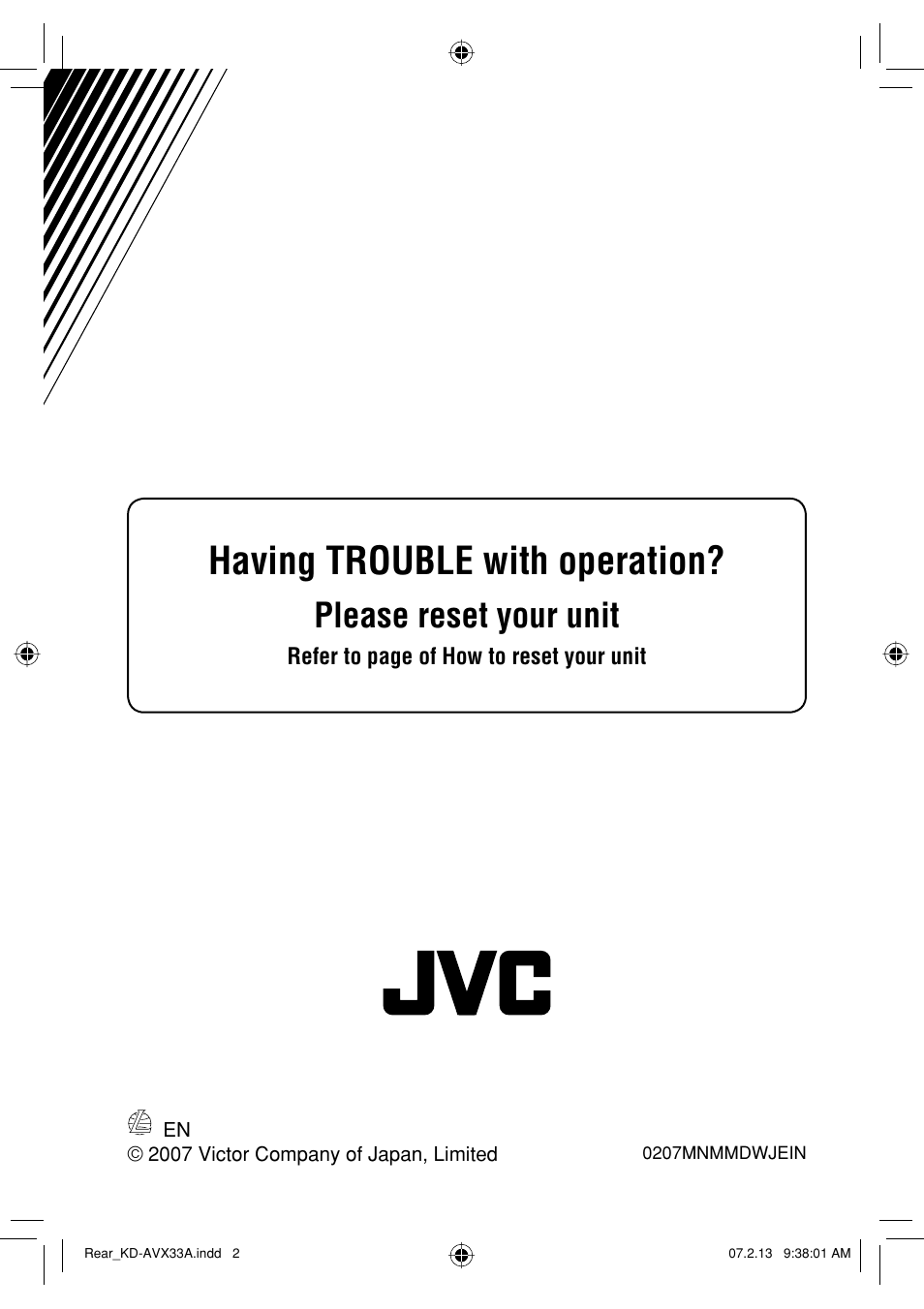 Having trouble with operation, Please reset your unit | JVC KD-AVX33 User Manual | Page 378 / 382