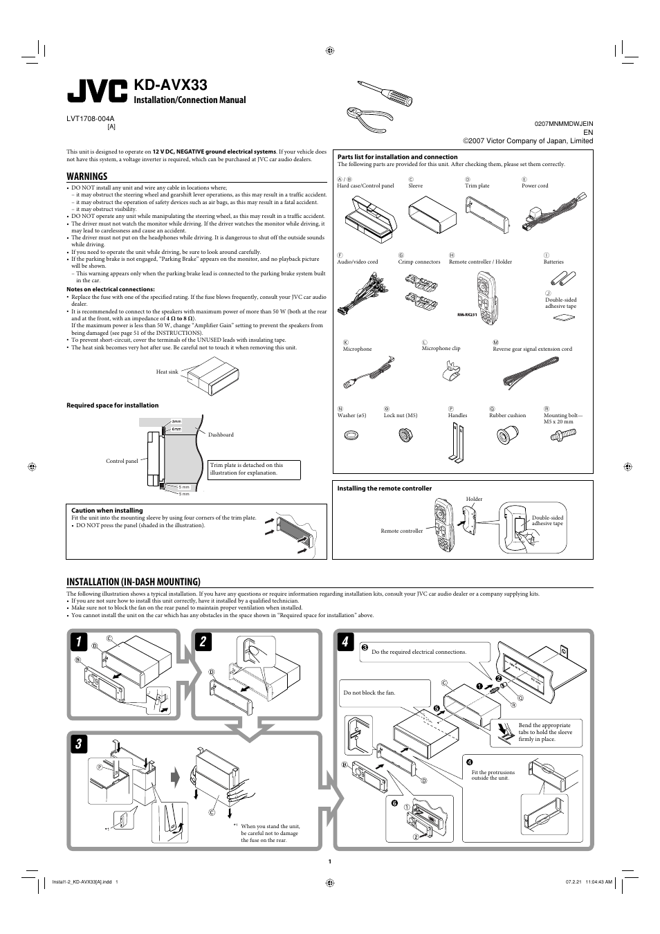 Installation/connection manual, Warnings, Parts list for installation and connection | Installation, Kd-avx33, Installation (in-dash mounting) | JVC KD-AVX33 User Manual | Page 379 / 382